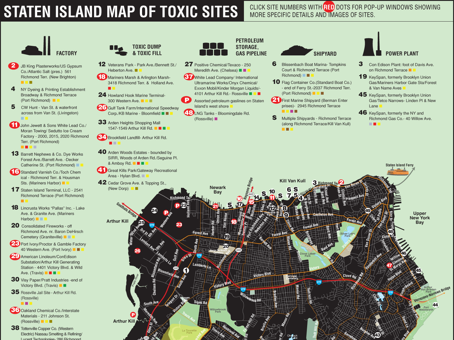 “En uno de sus proyectos más recientes ha elaborado un expresivo mapa de los recorridos tóxicos de Staten Island (Toxic...